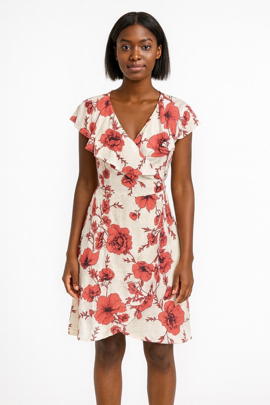 Free People red and pink Floral true Wrap Dress flutter sleeve medium summertime